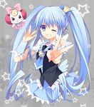  ;d bad_id bad_pixiv_id blue_eyes blue_hair blue_skirt bow brooch creature crown cure_princess earrings frills grey_background happinesscharge_precure! jewelry long_hair magical_girl mini_crown necktie one_eye_closed open_mouth pink_bow precure purinko ribbon_(happinesscharge_precure!) shirayuki_hime sidelocks skirt smile star twintails v 