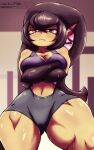 5:8 angry athletic_wear big_breasts blush bodily_fluids bottomwear breasts brennan_d_vries camel_toe clothing crossed_arms digital_media_(artwork) disgusted_expression disgusted_face eye_contact female first_person_view generation_3_pokemon gym_bottomwear gym_shorts hair hair_mouth hi_res huge_breasts humanoid looking_at_another looking_at_viewer looking_down low-angle_view mawile narrowed_eyes navel nintendo not_furry pokemon pokemon_(species) red_eyes seductive shorts signature simple_background solo spread_legs spreading teeth thick_thighs