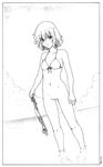  ass_visible_through_thighs bikini bikini_bottom_removed bottomless collarbone full_body graphite_(medium) greyscale harumachi_nagaaki highres monochrome navel original pussy side-tie_bikini solo standing swimsuit traditional_media wading 