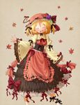  aki_minoriko alternate_hairstyle apron arinu autumn_leaves blonde_hair bow closed_eyes corset embellished_costume food frills fruit grapes grey_background hair_bow hat hat_bow highres juliet_sleeves long_sleeves open_mouth puffy_sleeves shirt skirt smile solo too_many too_many_frills touhou twintails waist_apron wide_sleeves 