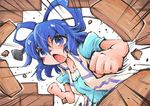  aqua_dress blue_eyes blue_hair dress hair_ornament hair_rings hair_stick hole_in_wall kaku_seiga open_clothes open_mouth open_vest puffy_sleeves punching shinapuu short_sleeves solo touhou vest wall you're_doing_it_wrong 