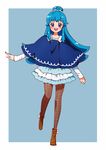  alternate_hairstyle blue_eyes blue_hair blue_skirt blush boots brown_legwear eyelashes fashion hair_ornament hair_ribbon happinesscharge_precure! happy kagami_chihiro long_hair looking_at_viewer open_mouth pantyhose poncho precure ribbon shirayuki_hime skirt smile solo standing 