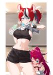  2girls animal_ears black_bra black_hair black_shorts blue_eyes bra breasts cafelittle cleavage clothes_lift cowboy_shot hakos_baelz high_ponytail highres hololive hololive_english indoors irys_(hololive) large_breasts long_hair mouse_ears mouse_girl multicolored_hair multiple_girls navel one_eye_closed ponytail purple_hair red_hair shirt_lift shorts solo_focus two-tone_hair underwear virtual_youtuber white_hair 