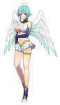  angel_wings aqua_eyes artist_request bare_shoulders blue_hair braid breasts character_request cleavage detached_collar detached_sleeves elbow_gloves embarrassed gloves halo halter_top halterneck large_breasts legs long_sleeves looking_at_viewer navel pleated_skirt pointy_ears simple_background skirt solo standing stomach toushin_toshi white_background white_skirt white_wings wings 