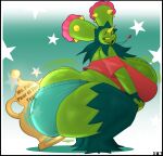 2022 absurd_res award big_breasts big_butt breasts butt dongwongtang female generation_5_pokemon green_body hi_res huge_butt humanoid maractus nintendo pokemon pokemon_(species) simple_background solo text trophy yellow_sclera