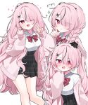  1girl absurdres animal_on_head black_hair black_skirt blush bow bowtie braid breasts c: cardigan closed_mouth commentary_request feet_out_of_frame hair_over_one_eye heart heart-shaped_pupils highres jacket large_breasts long_hair looking_at_viewer multicolored_hair on_head one_eye_closed open_clothes open_jacket open_mouth original pink_cardigan pink_eyes pink_hair plaid_bow plaid_bowtie plaid_clothes plaid_skirt pleated_skirt red_bow red_bowtie shirt simple_background skirt smile streaked_hair symbol-shaped_pupils twintails upper_body very_long_hair waka_(wk4444) wavy_hair white_background white_shirt 