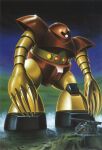  1970s_(style) 1980s_(style) 1other artist_request beam_cannon box_art cannon claws glint gogg gundam gunpla hasegawa_masayuki looking_at_object machinery mecha mecha_focus mobile_suit mobile_suit_gundam model_kit ocean official_art one-eyed painting_(medium) realistic retro_artstyle robot rock sand scan science_fiction shore soldier traditional_media water weapon zeon 