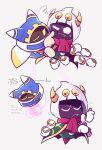 2boys annoyed bound cape closed_eyes gloves green_cape grey_background highres horns kirby_(series) looking_at_another magolor multiple_boys rayman_limbs red_scarf satokichi_(st_kt) scarf silk simple_background spider_web squiggle taranza tied_up_(nonsexual) white_gloves white_hair yellow_eyes yellow_gloves 