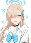  1girl :d absurdres anandaname asuna_(blue_archive) black_choker blonde_hair blue_archive blue_bow blue_bowtie blue_eyes blue_halo blue_ribbon blush bow bowtie breasts choker collarbone collared_shirt commentary dot_nose ear_blush floating_hair hair_over_one_eye hair_ribbon half-closed_eyes halo heart highres large_breasts long_hair looking_at_viewer loose_bowtie official_alternate_costume open_mouth ribbon school_uniform shirt simple_background smile solo teeth thick_eyelashes twitter_username upper_body upper_teeth_only white_background white_shirt 