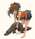  1girl aviation_magic_band barefoot black_hair black_skirt breasts brown_eyes dark-skinned_female dark_skin garrison_cap happy hat highres holding large_breasts looking_at_viewer luminous_witches manaia_matawhaura_hato mole murayama_kei open_mouth platypus red_vest simple_background skirt vest world_witches_series 