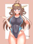  1girl ahoge alternate_costume black_one-piece_swimsuit blue_one-piece_swimsuit breasts brown_hair competition_swimsuit double_bun hair_bun hairband headgear heart highleg highleg_one-piece_swimsuit highres jewelry kantai_collection kongou_(kancolle) kongou_kai_ni_(kancolle) large_breasts long_hair looking_at_viewer multicolored_swimsuit one-piece_swimsuit purple_eyes ring smile solo standing swimsuit very_long_hair wedding_ring yatsurugi 