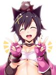  ^_^ abaddon_(god_eater) animal_ears aragami blush breasts cat_ears closed_eyes double_v fingerless_gloves gloves god_eater god_eater_2:_rage_burst hair_ornament kouzuki_nana medium_breasts on_head open_mouth short_hair smile solo_focus underboob v watanuki_kaname 