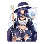  1girl blue_eyes blue_hair bra breasts broom cape cleavage crystal_ball dmm glasses hat large_breasts legs looking_at_viewer midriff navel short_hair simple_background skirt smile solo standing thighs underwear white_background witch 