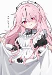  1girl :3 :p apron black_dress black_hair blush commentary_request cowboy_shot dress frilled_apron frills heart heart-shaped_pupils highres long_hair looking_at_viewer maid maid_headdress mole mole_under_eye multicolored_hair original pink_eyes pink_hair puffy_sleeves sidelocks skirt_hold smile streaked_hair symbol-shaped_pupils tongue tongue_out waka_(wk4444) white_apron 