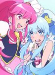  aino_megumi blue_eyes blue_hair blush bow crown cure_lovely cure_princess happinesscharge_precure! long_hair magical_girl multiple_girls naruko_(nalcoro) open_mouth pink_bow pink_eyes pink_hair precure shirayuki_hime skirt twintails wide_ponytail 