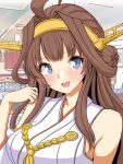  1girl ahoge brown_hair double_bun hair_bun hairband headgear japanese_clothes kantai_collection kongou_(kancolle) long_hair looking_at_viewer mushi_mushi_ex nontraditional_miko smile solo upper_body 