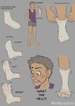 4_toes bonktubaroa clothing dialogue english_text feet footwear grey_background hi_res holding_clothing holding_footwear holding_object holding_socks human male mammal mid_transformation paw_transformation putting_on_socks shirt simple_background socks solo standing tank_top text toes topwear transformation underwear