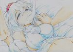  animal_ears bare_shoulders blue_eyes blush bottomless breasts colored_pencil_(medium) detached_sleeves eating hat highres holding_hands interlocked_fingers inubashiri_momiji kitazinger large_breasts lying midriff navel on_back out-of-frame_censoring short_hair sideboob silver_hair tokin_hat touhou traditional_media wolf_ears 