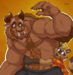 2019 2_horns 5_fingers abs anthro arm_tuft beard beast_(disney) beauty_and_the_beast biceps big_muscles black_bottomwear black_clothing black_nose black_pants blonde_hair blue_eyes body_hair bottomwear brown_body brown_claws brown_finger_claws brown_fur brown_horn brown_nose claws closed_smile clothed clothed_anthro clothed_male clothing cooner_(cooner) digital_media_(artwork) disney duo elbow_tuft eyebrows facial_hair facial_markings finger_claws fingers fur gloves_(marking) grin hair hairy happy_trail head_markings hi_res horn hug hugging_another hugging_from_behind humanoid_hands larger_anthro larger_male lips looking_down_at_another looking_up_at_another male male/male male_anthro mammal markings mask_(marking) monster mouth_closed muscle_size_difference muscular muscular_anthro muscular_male open_mouth orange_background outline pants pattern_clothing pattern_shirt pattern_topwear pecs pink_inner_ear procyonid raccoon raised_arm red_clothing red_shirt red_topwear ring_(marking) ringed_tail shaded shirt signature simple_background size_difference smaller_anthro smaller_male smile striped_markings striped_tail stripes tail tail_markings teaselbone teeth thick_bottom_lip thick_eyebrows three-quarter_view topless topless_anthro topless_male topwear tuft whisker_spots white_outline