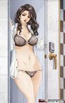  black_hair blue_eyes bra breasts bug butterfly cleavage covered_nipples highres insect large_breasts lips long_hair lowleg lowleg_panties navel nipples noh_seong-min open_clothes open_shirt original panties pubic_hair see-through shirt solo stomach tile_wall tiles underwear 