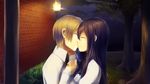  1girl aerlai black_hair brown_hair building closed_eyes couple from_side hetero highres holding_hands house ikezawa_hanako katawa_shoujo kiss lantern light long_hair nakai_hisao necktie night outdoors plant profile school_uniform shirt short_hair sidelocks tree wall 