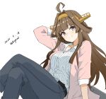  1girl absurdres ahoge arm_behind_head arm_support arm_up artist_name bigkwl black_pants blush brown_hair brown_jacket closed_mouth coat collared_shirt crossed_legs dated denim double_bun dress_shirt feet_out_of_frame grey_eyes hair_bun hair_intakes headgear highres jacket jeans kantai_collection kongou_(kancolle) kongou_(nakau)_(kancolle) long_hair looking_at_viewer official_alternate_costume one-hour_drawing_challenge open_clothes open_coat pants pink_coat purple_eyes shirt simple_background sitting smile solo striped_clothes striped_shirt three-quarter_sleeves twitter_username vertical-striped_clothes vertical-striped_shirt white_background white_shirt 