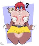 2024 absurd_res anthro areola areola_slip banjo-kazooie banjo_(banjo-kazooie) belt big_areola big_breasts blue_eyes bottomwear breast_grab breasts brown_body butt butt_from_the_front clothing countershading dated digital_drawing_(artwork) digital_media_(artwork) duo female frown geometric_background hair hand_on_breast hi_res huge_breasts larger_female male male/female mammal mehdrawings mellow_(mehdrawings) motion_lines mouth_closed narrowed_eyes open_mouth open_smile pilosan rareware red_hair shorts simple_background size_difference sloth smaller_male smile thigh_gap xenarthran yellow_bottomwear yellow_clothing yellow_shorts