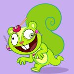 1:1 ambiguous_gender anthro big_tail buckteeth candy candy_cane countershading derp_eyes dessert food green_body green_eyes green_tail happy_tree_friends heart_nose heart_symbol herebecritters hi_res lazy_eye lollipop male_(lore) mammal nutty_(htf) open_mouth purple_background rodent sciurid simple_background smile solo tail teeth tree_squirrel