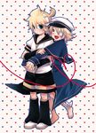  bad_id bad_pixiv_id blonde_hair blue_eyes blush full_body hat heart heart_of_string hug hug_from_behind kagamine_len male_focus multiple_boys oliver_(vocaloid) open_mouth red_string sailor_hat smile string vocaloid yaoi yellow_eyes yomorin 