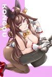  1girl ahoge alternate_costume animal_ear_hairband animal_ears ass black_leotard black_shoes bow bowtie breasts brown_hair brown_pantyhose cannon character_name cleavage detached_collar double_bun fake_animal_ears gloves gold_bowtie hair_bun hairband half_updo headgear kantai_collection kongou_(kancolle) large_breasts leotard long_hair pantyhose playboy_bunny rabbit_ears rabbit_tail shoes solo strapless strapless_leotard tail udukikosuke white_gloves wrist_cuffs 