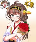  bare_shoulders blush breasts brown_hair bucket detached_sleeves double_bun flower hair_ornament hairband headgear hiei_(kantai_collection) highres japanese_clothes kantai_collection kongou_(kantai_collection) large_breasts long_hair nontraditional_miko one_eye_closed open_mouth rakku_(10219563) red_flower red_rose rose skirt smile tears 