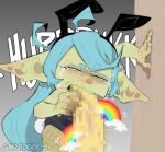 blue_hair bodily_fluids ears_down goblin gradient_background green_body green_skin hair humanoid_pointy_ears knuxy pivoted_ears playboy_bunny pointy_ears rabbit_ears rainbow red_eyes simple_background tears vomit