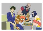 2girls androgynous bike_shorts black_hair blush_stickers cigarette cowboy_bebop dark-skinned_female dark_skin dog edward_wong_hau_pepelu_tivrusky_iv ein_(cowboy_bebop) facial_hair faye_valentine goggles hairband highres jet_black multiple_boys multiple_girls nozaki_atsuko open_mouth purple_hair shirt short_hair sitting smile smoking spike_spiegel 