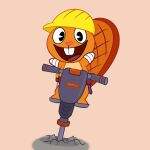 1:1 amputee anthro armor bandage bandaged_arm bandaged_arms beaver beaver_tail belt brown_background buckteeth disability gesture handy_(htf) happy_tree_friends hard_hat headgear heart_nose heart_symbol helmet herebecritters hi_res jackhammer looking_at_viewer male mammal open_mouth orange_body orange_tail pie_cut_eyes power_tool rodent salute simple_background smile solo tail teeth tool_belt tools