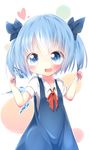  akisha alternate_hairstyle bad_id bad_pixiv_id blue_eyes blue_hair blush bow cirno fang hair_bow heart highres ice open_mouth short_hair smile solo touhou twintails wings 