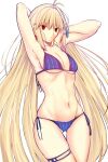  1girl arcueid_brunestud arm_up armpit_focus armpits arms_behind_head arms_up bare_arms bare_shoulders bikini blonde_hair blue_bikini breasts collarbone full_body hair_between_eyes highres iro_(sekaixiro) large_breasts long_hair looking_at_viewer navel presenting_armpit red_eyes simple_background solo swimsuit tsukihime type-moon white_background zhen_zu 