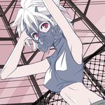  1girl adapted_costume armpits arms_behind_head arms_up aya_tsudi bad_id bad_pixiv_id breasts chain-link_fence fence gas_mask medium_breasts midriff red_eyes sabitsuki short_hair solo white_hair 