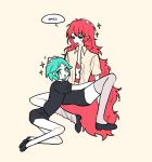  2others androgynous aqua_eyes aqua_hair gem_uniform_(houseki_no_kuni) hand_on_another&#039;s_head houseki_no_kuni hug long_hair looking_at_another looking_at_viewer multiple_others open_clothes open_shirt padparadscha_(houseki_no_kuni) petting phosphophyllite red_eyes red_hair short_hair sitting smile sparkle thighhighs very_long_hair wavy_hair 