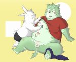  2011 anthro balls belly blush canid canine canis clothed clothing dog duo flaccid fur green_fur humanoid_hands kazbon805 lagomorph male mammal moobs navel nipples open_shirt overweight overweight_male penis rabbit shirt shorts simple_background sitting teeth white_fur 