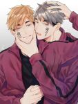  2boys black_shirt blonde_hair body_writing brothers brown_eyes grey_eyes grey_hair haikyuu!! hand_on_another&#039;s_chin hand_on_another&#039;s_head highres holding jacket long_sleeves looking_at_viewer male_focus miya_atsumu miya_osamu multicolored_hair multiple_boys open_mouth red_track_jacket shirt short_hair siblings simple_background skmw_0 smile teeth track_jacket twins two-tone_hair undercut upper_teeth_only white_background 
