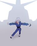  1girl 85neko absurdres blue_eyes blush commentary_request dancing deux_murasame full_body gundam gundam_gquuuuuux highres long_hair mask mecha mecha_pilot_suit mouth_mask open_mouth psyco_gundam robot shadow smile solo standing updo v-fin 