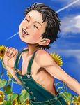  1boy blue_sky blush child cloud clouds eyes_closed flower hijirino_yuuta male male_focus naked_overalls outdoors overalls sky smile solo sunflower 
