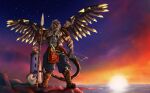 absurd_res anthro armor arrows bay boots bottomwear bow_(feature) bracers braided_hair brazier breechcloth cloth_belt clothing cloud copper_(metal) copperdraws cynvale_jyoti_(character) felid fire footwear gold_(metal) hair hi_res huge_filesize hybrid jewelry kynjord leather leather_boots leather_clothing leather_footwear leather_sabatons liger lighthouse male mammal markings mechanical_wings medallion melee_weapon metal necklace oversized_bottomwear oversized_clothing oversized_pants pantherine pants pendant_flag polearm rock runes sea shoes shoreline solo spear star striped_markings stripes sunset tail tail_tuft tuft valkyrie water weapon