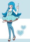  blue_eyes blue_hair blue_legwear blue_skirt blush eyelashes fashion happinesscharge_precure! happy heart high_heels kagami_chihiro long_hair looking_at_viewer open_mouth pantyhose precure pullover shirayuki_hime shoes skirt smile solo standing 