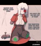  1girl amputee artificial_eye blue_eyes blush breasts closed_mouth coat commentary covered_navel damaged dismemberment english_commentary english_text faust_(project_moon) highres jacket leoderorero limbus_company looking_at_viewer mechabare mechanical_eye medium_breasts multicrack_office_(identity)_(project_moon) mutilation pantyhose project_moon quadruple_amputee severed_hand short_hair solo_focus twitter_username white_hair 