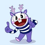 1:1 anthro antlers blue_background blush blush_stickers bodypaint bottomless buckteeth clothed clothing deer face_paint gesture hand_gesture happy_tree_friends heart_nose heart_symbol herebecritters hi_res horn looking_at_viewer makeup male mammal mime mime_(htf) open_mouth pattern_clothing pattern_shirt pattern_topwear pie_cut_eyes purple_body purple_cheeks shirt shirt_only simple_background smile solo standing striped_clothing striped_shirt striped_topwear stripes teeth topwear topwear_only white_face white_face_paint
