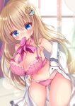  1girl 9-nine- ass_visible_through_thighs bare_shoulders blue_eyes blush bow bowtie bowtie_in_mouth bra breasts brown_hair cleavage collarbone commentary_request cowboy_shot day dress eyes_visible_through_hair frilled_bra frilled_panties frills hair_between_eyes hair_ornament hand_on_own_hip hat_ornament highres indoors kujou_miyako large_breasts lens_flare long_hair looking_at_viewer mouth_hold navel nekota_min open_clothes open_dress panties pink_bow pink_bowtie pink_bra pink_panties school_uniform shiny_skin solo star_(symbol) star_hat_ornament star_print thighs underwear undressing very_long_hair white_dress window wing_hair_ornament 
