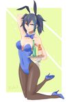  animal_ears black_hair bottle bow bowtie bunny_ears bunny_tail bunnysuit detached_collar heterochromia highres kamishiro_irou pantyhose short_hair tail tray twintails utau wrist_cuffs yokune_ruko 