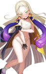  1girl agibe anger_vein bikini black_coat blonde_hair breasts chest_sarashi coat coat_on_shoulders commentary_request duel_monster feet_out_of_frame green_eyes highres long_hair multicolored_hair navel noh-p.u.n.k_rising_scale purple_hair sarashi simple_background small_breasts solo speech_bubble spoken_anger_vein swimsuit two-tone_hair very_long_hair white_background white_loincloth yu-gi-oh! 
