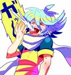  blue_hair closed_eyes fubuki_atsuya inazuma_eleven inazuma_eleven_(series) komusun male_focus open_mouth raimon raimon_soccer_uniform scarf soccer_uniform solo sportswear sweat tongue 